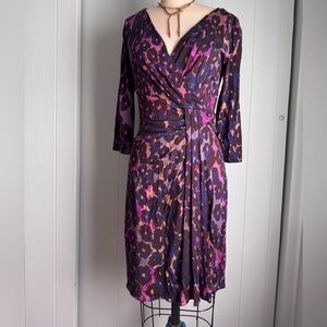 Diane Von Furstenberg Floral Animal  Purple and Pink 3/4 Sleeve Faux Wrap Dress